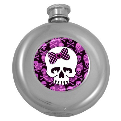 Pink Polka Dot Bow Skull Hip Flask (5 oz) from ArtsNow.com Front