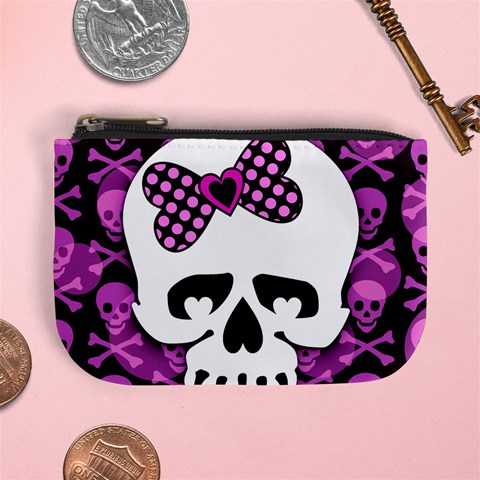 Pink Polka Dot Bow Skull Mini Coin Purse from ArtsNow.com Front