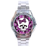 Pink Polka Dot Bow Skull Stainless Steel Analogue Watch