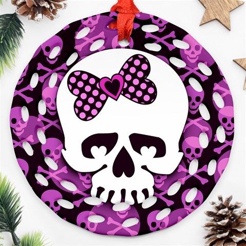 Pink Polka Dot Bow Skull Ornament (Round Filigree) from ArtsNow.com Front