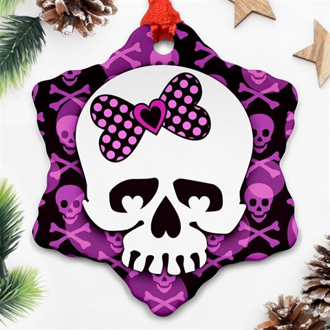 Pink Polka Dot Bow Skull Ornament (Snowflake) from ArtsNow.com Front