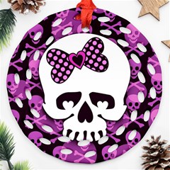 Pink Polka Dot Bow Skull Round Filigree Ornament (Two Sides) from ArtsNow.com Back