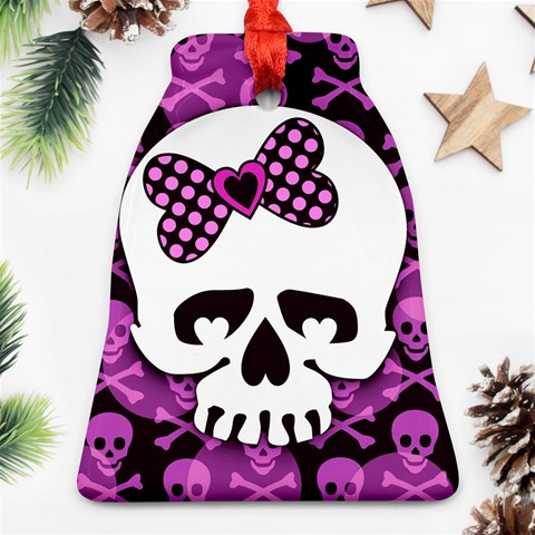 Pink Polka Dot Bow Skull Bell Ornament (Two Sides) from ArtsNow.com Front