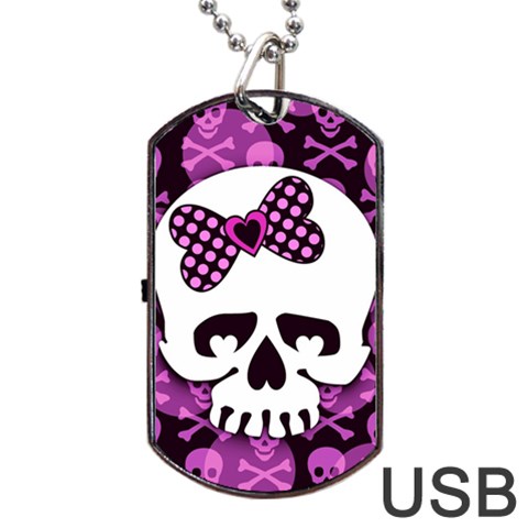 Pink Polka Dot Bow Skull Dog Tag USB Flash (One Side) from ArtsNow.com Front