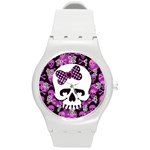 Pink Polka Dot Bow Skull Round Plastic Sport Watch (M)