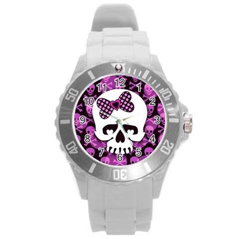Pink Polka Dot Bow Skull Round Plastic Sport Watch (L) from ArtsNow.com Front