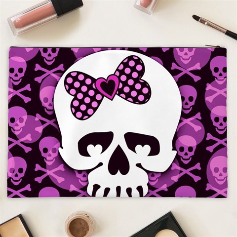 Pink Polka Dot Bow Skull Cosmetic Bag (XXL) from ArtsNow.com Back
