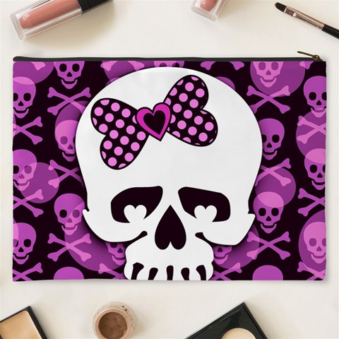 Pink Polka Dot Bow Skull Cosmetic Bag (XXXL) from ArtsNow.com Back