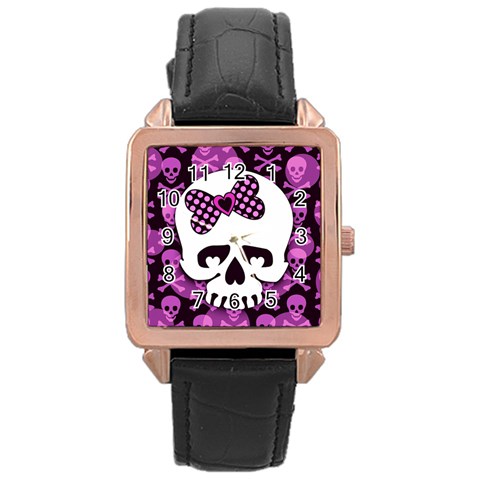 Pink Polka Dot Bow Skull Rose Gold Leather Watch  from ArtsNow.com Front