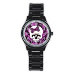 Pink Polka Dot Bow Skull Stainless Steel Round Watch