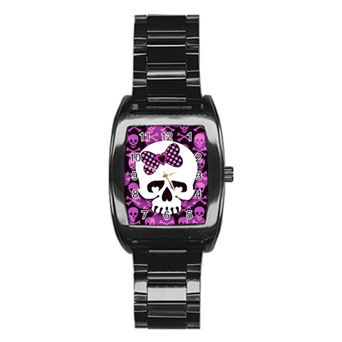 Pink Polka Dot Bow Skull Stainless Steel Barrel Watch from ArtsNow.com Front