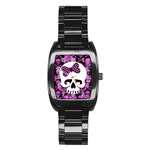 Pink Polka Dot Bow Skull Stainless Steel Barrel Watch