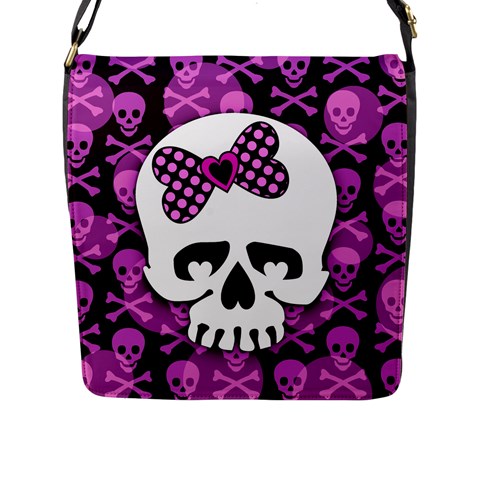 Pink Polka Dot Bow Skull Flap Closure Messenger Bag (L) from ArtsNow.com Front