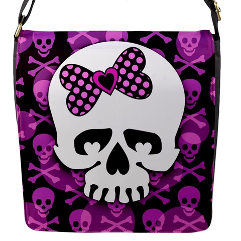 Pink Polka Dot Bow Skull Flap Closure Messenger Bag (S) from ArtsNow.com Front