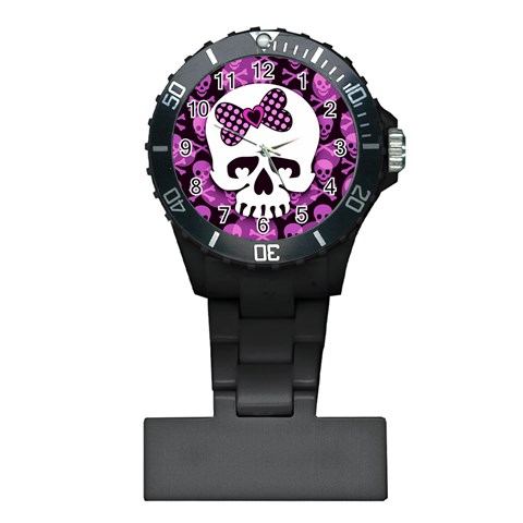 Pink Polka Dot Bow Skull Plastic Nurses Watch from ArtsNow.com Front