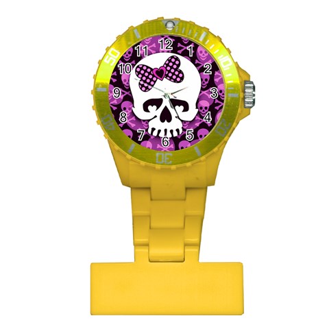 Pink Polka Dot Bow Skull Plastic Nurses Watch from ArtsNow.com Front