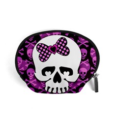 Pink Polka Dot Bow Skull Accessory Pouch (Small) from ArtsNow.com Front