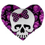 Pink Polka Dot Bow Skull Large 19  Premium Flano Heart Shape Cushion