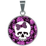 Pink Polka Dot Bow Skull 25mm Round Necklace