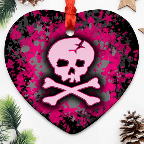 Pink Skull Star Splatter Heart Ornament (Two Sides) from ArtsNow.com Front