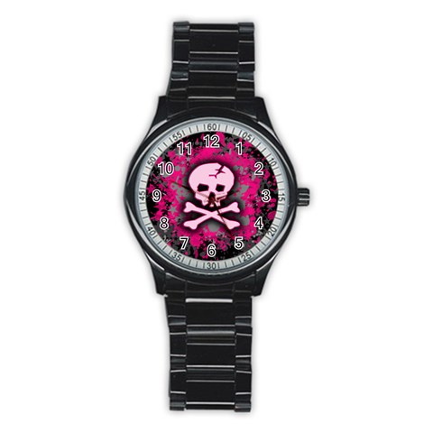 Pink Skull Star Splatter Stainless Steel Round Watch from ArtsNow.com Front