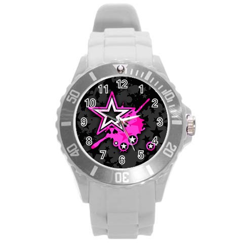 Pink Star Design Round Plastic Sport Watch (L) from ArtsNow.com Front