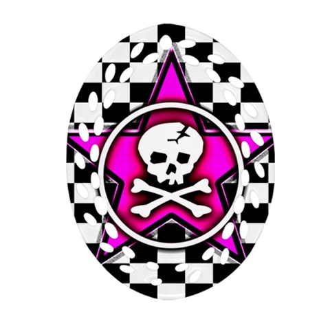 Pink Star Skull Checker Ornament (Oval Filigree) from ArtsNow.com Front