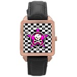 Pink Star Skull Checker Rose Gold Leather Watch 