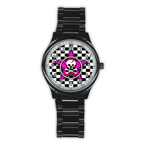 Pink Star Skull Checker Stainless Steel Round Watch from ArtsNow.com Front