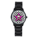 Pink Star Skull Checker Stainless Steel Round Watch