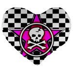 Pink Star Skull Checker Large 19  Premium Flano Heart Shape Cushion