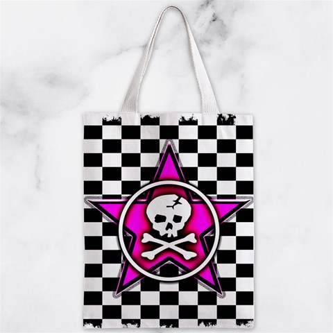 Pink Star Skull Checker Zipper Classic Tote Bag from ArtsNow.com Front
