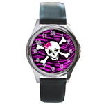 Pink Zebra Skull Round Metal Watch
