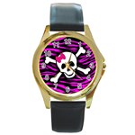 Pink Zebra Skull Round Gold Metal Watch