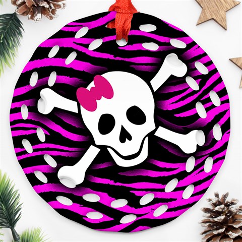 Pink Zebra Skull Round Filigree Ornament (Two Sides) from ArtsNow.com Front