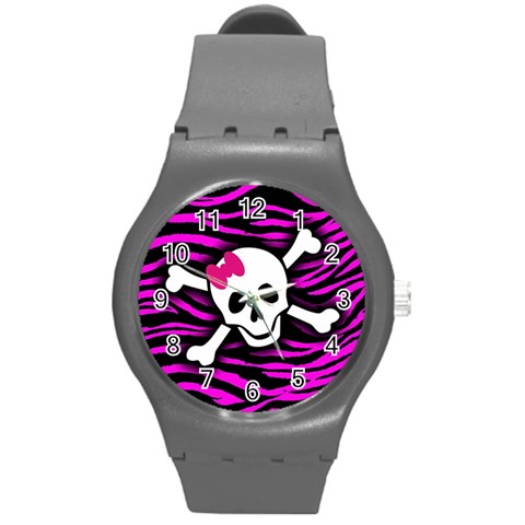Pink Zebra Skull Round Plastic Sport Watch (M) from ArtsNow.com Front