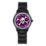 Pink Zebra Skull Stainless Steel Round Watch