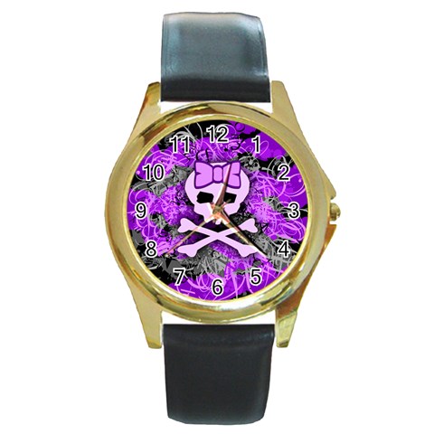 Purple Girly Skull Round Gold Metal Watch from ArtsNow.com Front