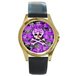 Purple Girly Skull Round Gold Metal Watch