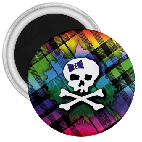Rainbow Plaid Skull 3  Magnet from ArtsNow.com Front