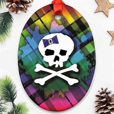 Rainbow Plaid Skull Ornament (Oval) from ArtsNow.com Front