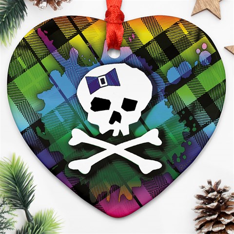 Rainbow Plaid Skull Ornament (Heart) from ArtsNow.com Front