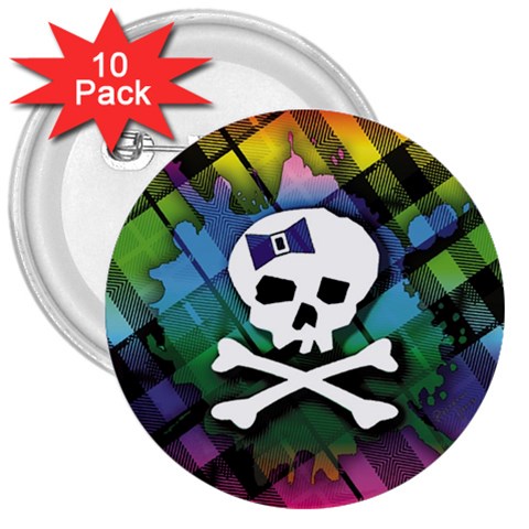 Rainbow Plaid Skull 3  Button (10 pack) from ArtsNow.com Front