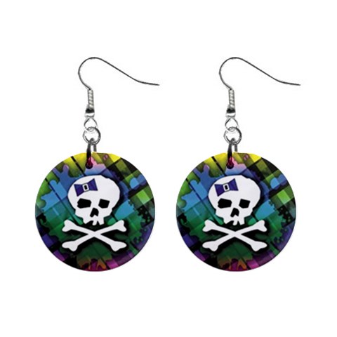 Rainbow Plaid Skull 1  Button Earrings from ArtsNow.com Front