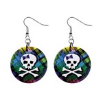 Rainbow Plaid Skull 1  Button Earrings