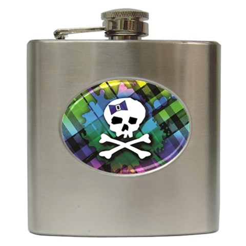 Rainbow Plaid Skull Hip Flask (6 oz) from ArtsNow.com Front