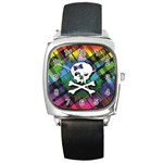 Rainbow Plaid Skull Square Metal Watch