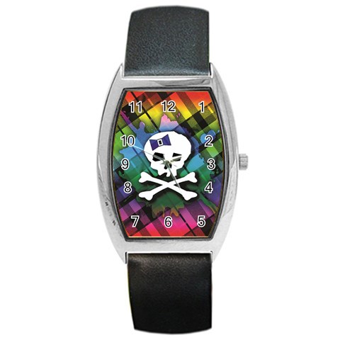 Rainbow Plaid Skull Barrel Style Metal Watch from ArtsNow.com Front