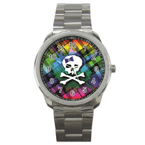 Rainbow Plaid Skull Sport Metal Watch from ArtsNow.com Front