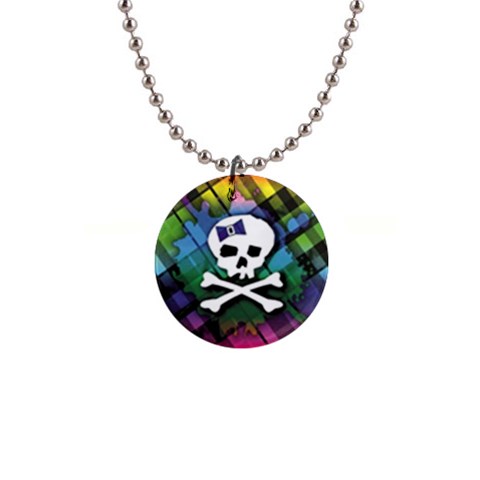 Rainbow Plaid Skull 1  Button Necklace from ArtsNow.com Front